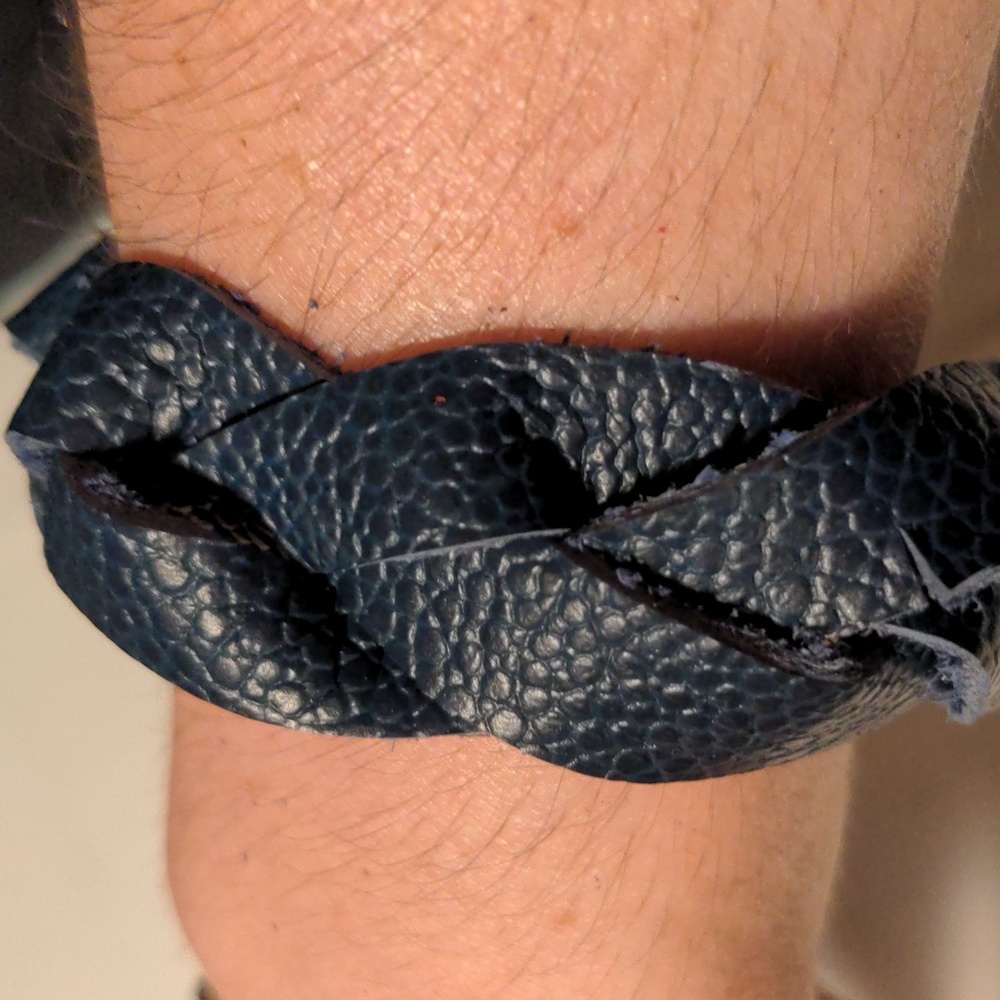 Unisex Handmade Genuine Leather Braided Bracelet Blue Pebbled Gunmetal #21